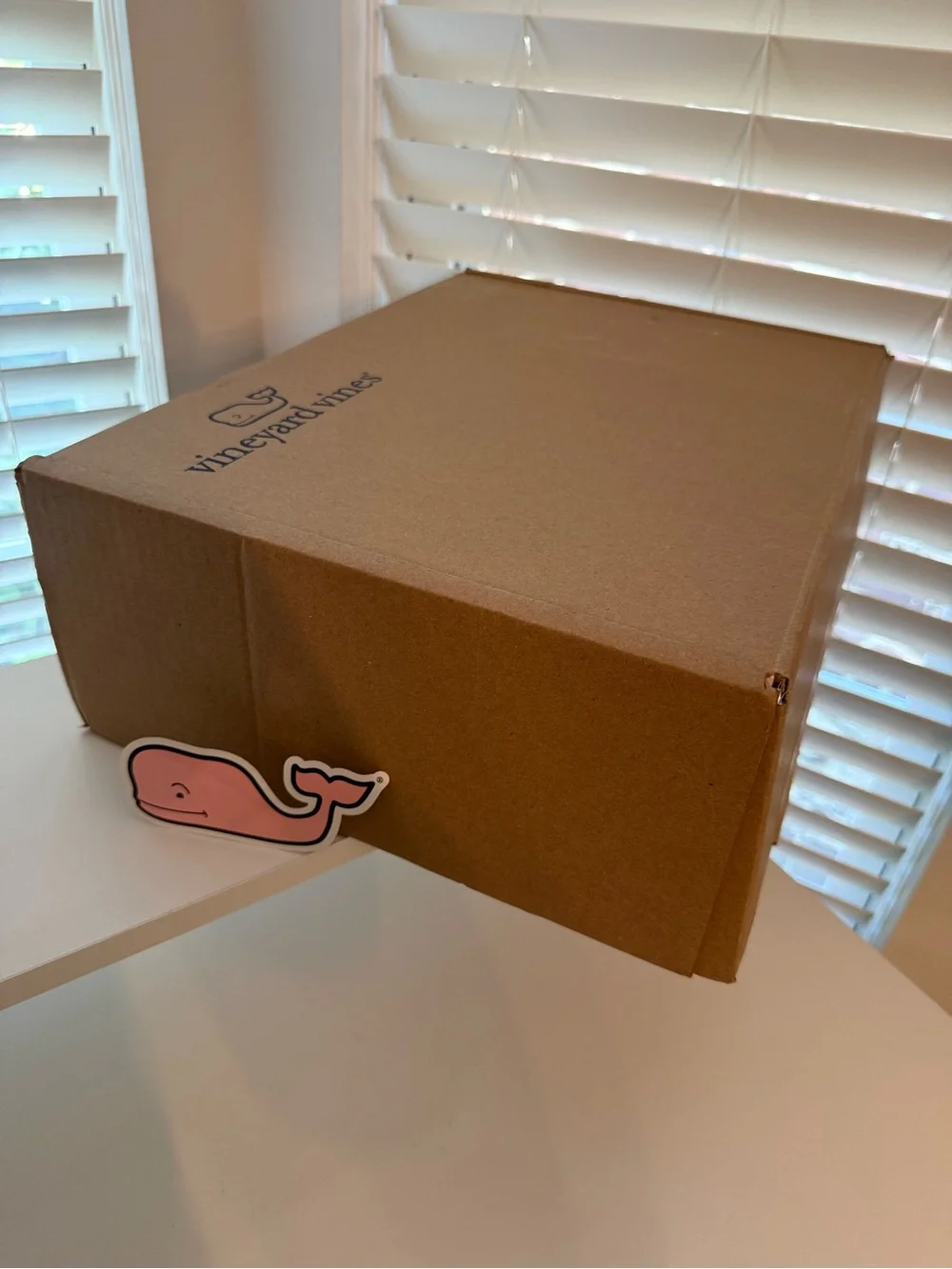 Vineyard Vines shipping box + large whale logo sticker in pink
